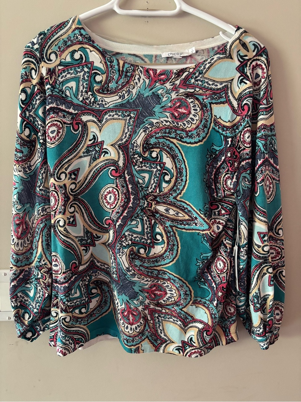 CHICO'S  NWT Teal Paisley Boatneck Balloon Sleeve Top Size Medium